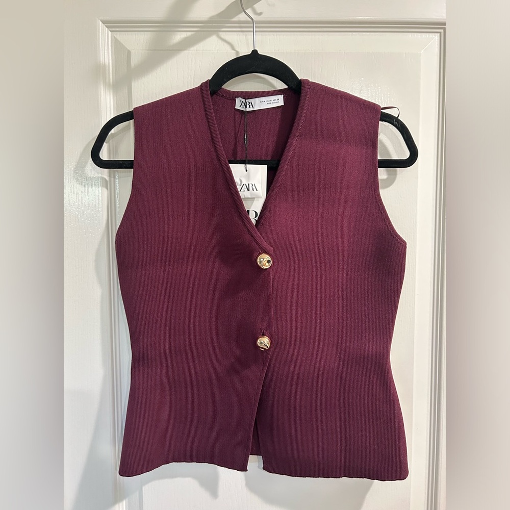 Zara BASIC KNIT GOLD BUTTON TOP in Burgundy